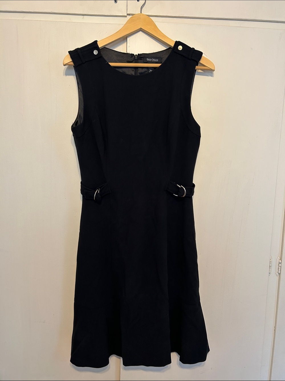 White House Black Market Black Sleeveless Midi Dress with Buckle Accents
